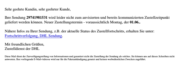 Als DHL Statusbericht getarnter Virus-Link